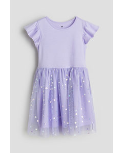Tulle-skirt Jersey Dress Light Purple/hearts