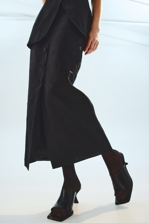 H&M Button-front Linen Skirt Black