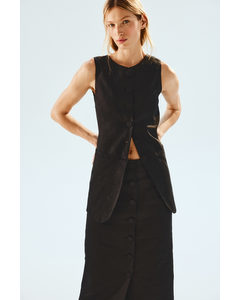 Button-front Linen Skirt Black