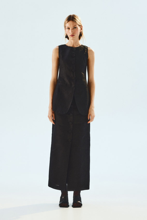 H&M Button-front Linen Skirt Black