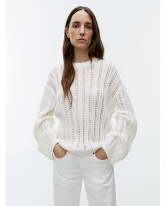 Ribbestrikket Pointelle-genser Hvit
