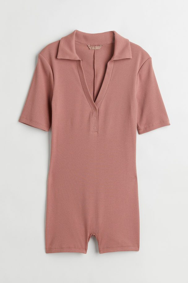 H&M Ribbed Cotton-jersey Playsuit Old Rose