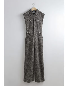 Weiter ärmelloser Tweed-Jumpsuit Schwarzer Tweed