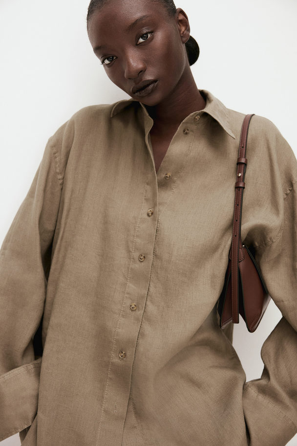 H&M Oversized Linen Shirt Dark Beige