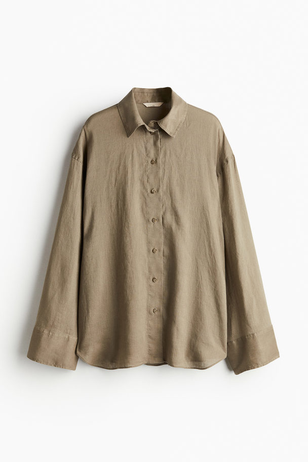 H&M Oversized Leinenbluse Dunkelbeige