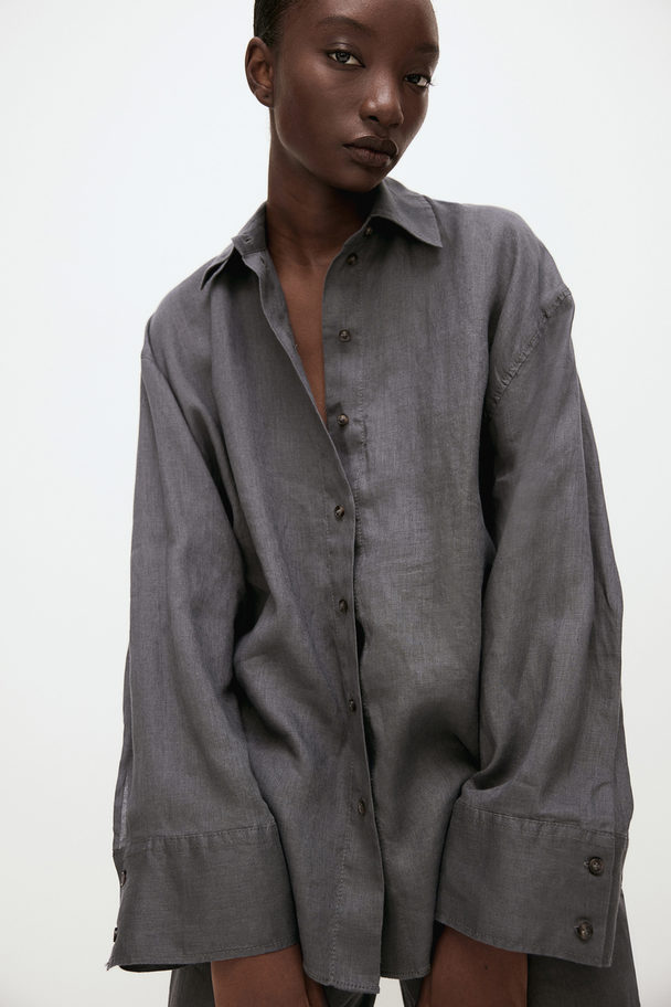 H&M Oversized Linen Shirt Dark Grey