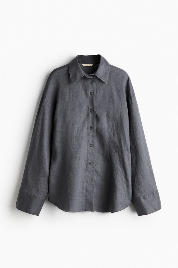 H&M Oversized Linnen Overhemdblouse Donkergrijs