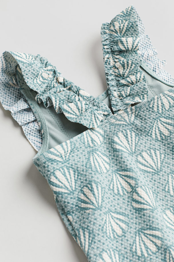 H&M Flounce-trimmed Swimsuit Dusty Turquoise/sea Shells