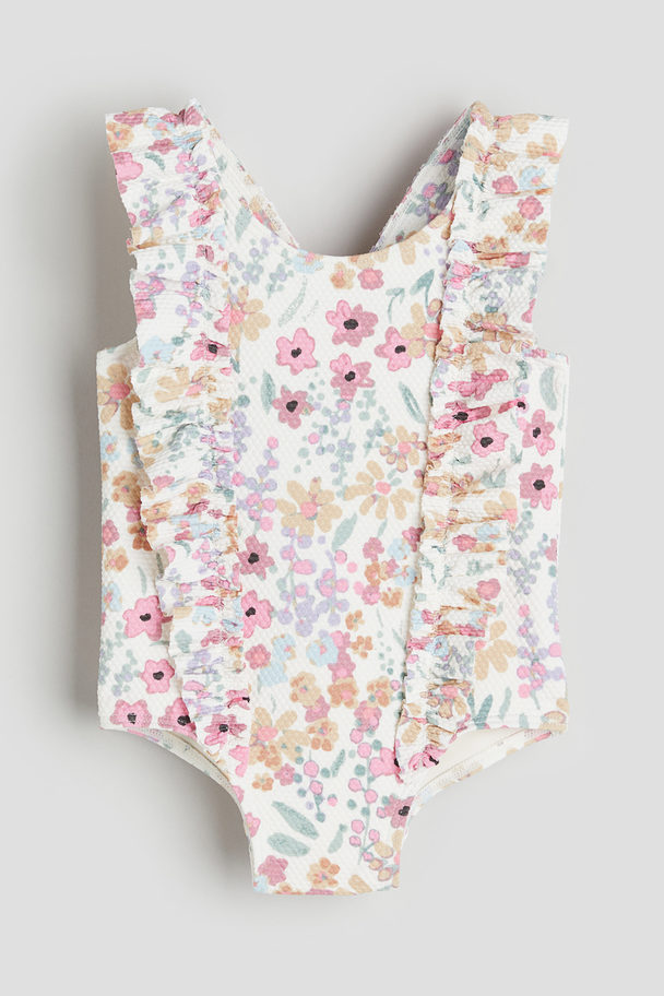 H&M Flounce-trimmed Swimsuit Cream/floral