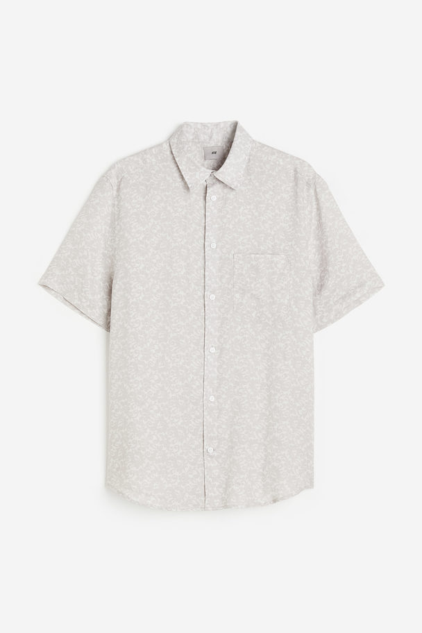 H&M Kurzarmhemd aus Leinen Regular Fit Hellbeige/Gemustert