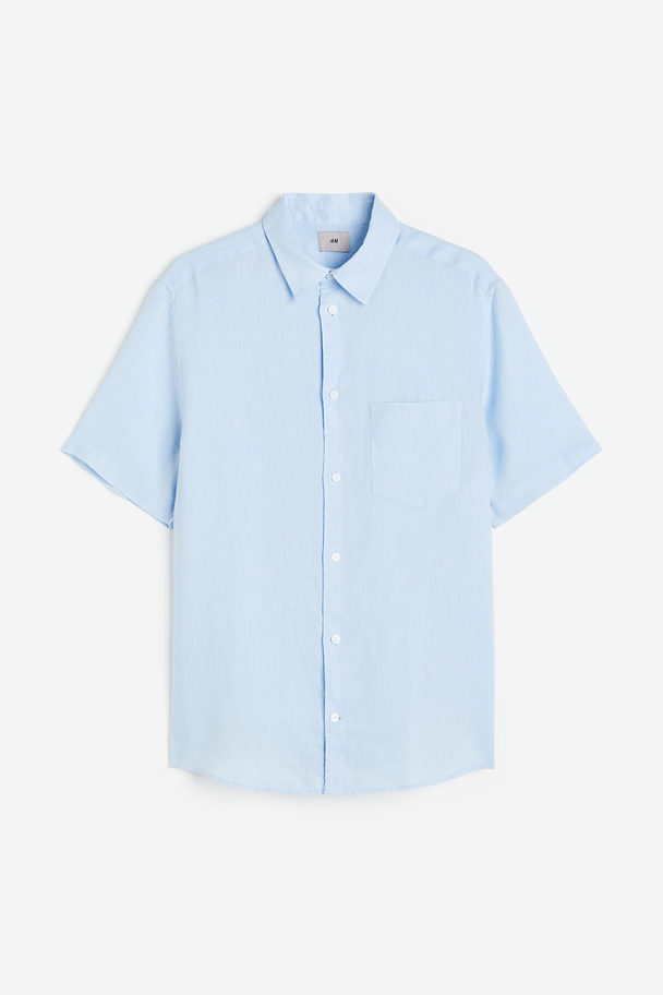 H&M Kurzarmhemd aus Leinen Regular Fit Hellblau