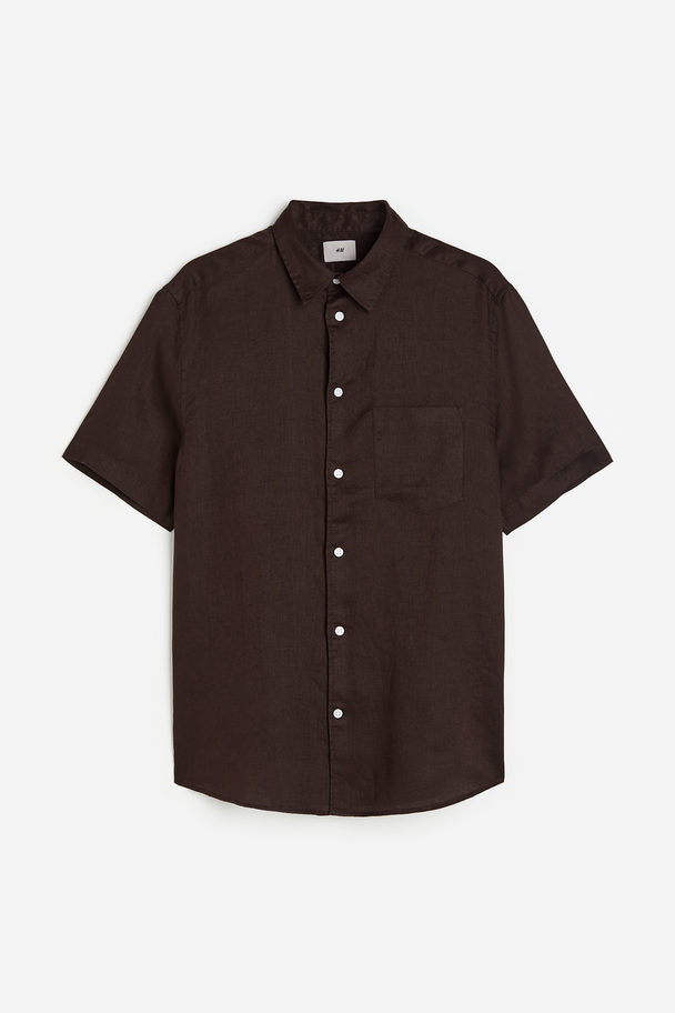 H&M Kurzarmhemd aus Leinen Regular Fit Dunkelbraun
