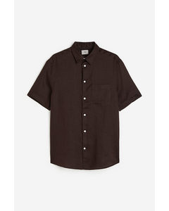 Regular Fit Short-sleeved Linen Shirt Dark Brown