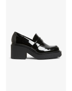 Black Patent Chunky Heeled Loafers Black Patent