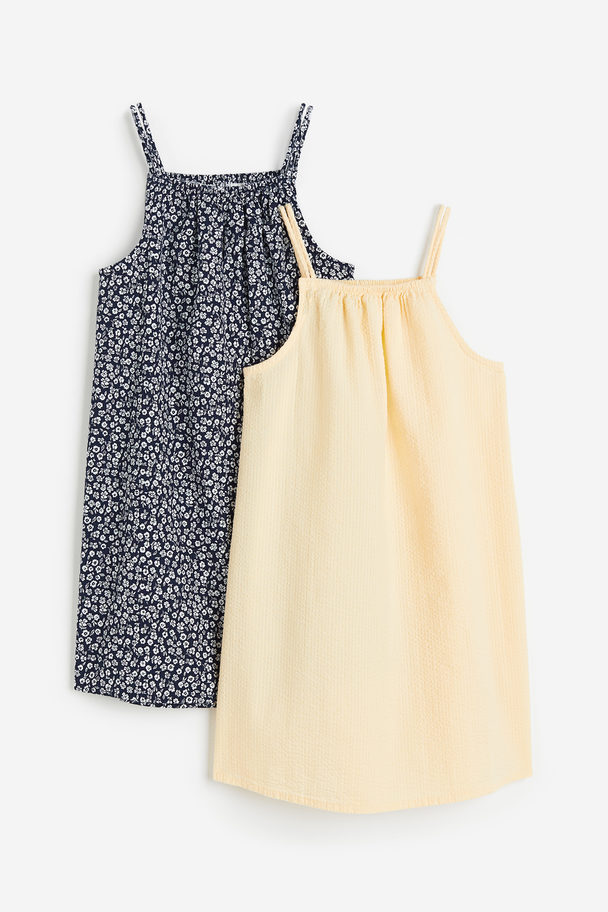 H&M 2-pack Kjole I Seersucker Lys Gul/mørk Blå Blomstret