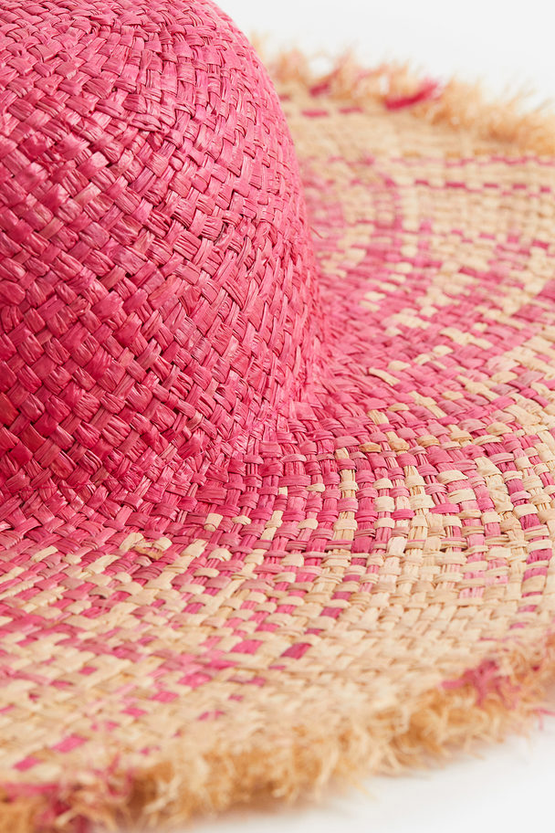 H&M Wide Brim Straw Hat Bright Pink/beige