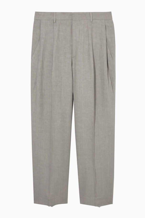 COS Wide-leg Pleated Linen Trousers Light Grey