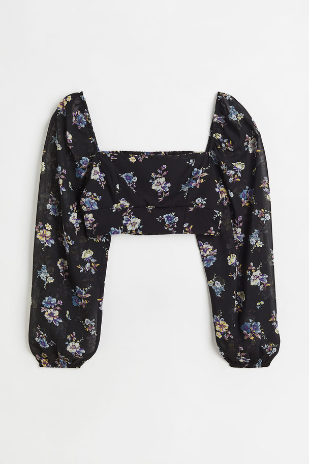 H&M Puff-sleeved Cropped Top Black/small Flowers