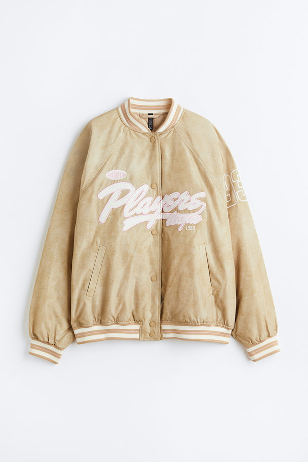 H&M Embroidered Baseball Jacket Light Beige/players