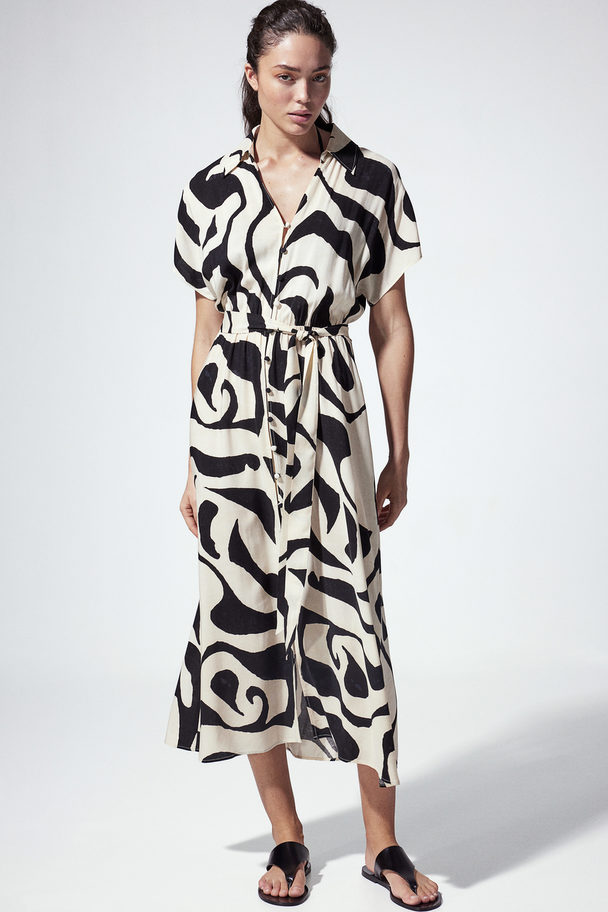 H&M Skjortklänning Med Knytskärp Crèmevit/mönstrad