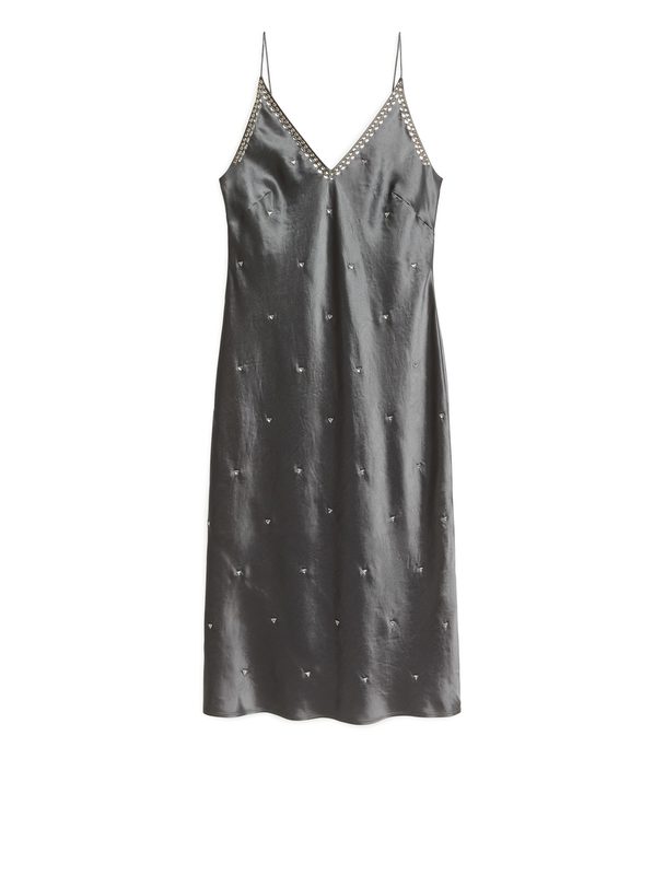 Arket Rhinestone Embellished Satin Dress Grey/rhinestones