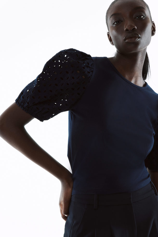 H&M Puff-sleeved Top Navy Blue