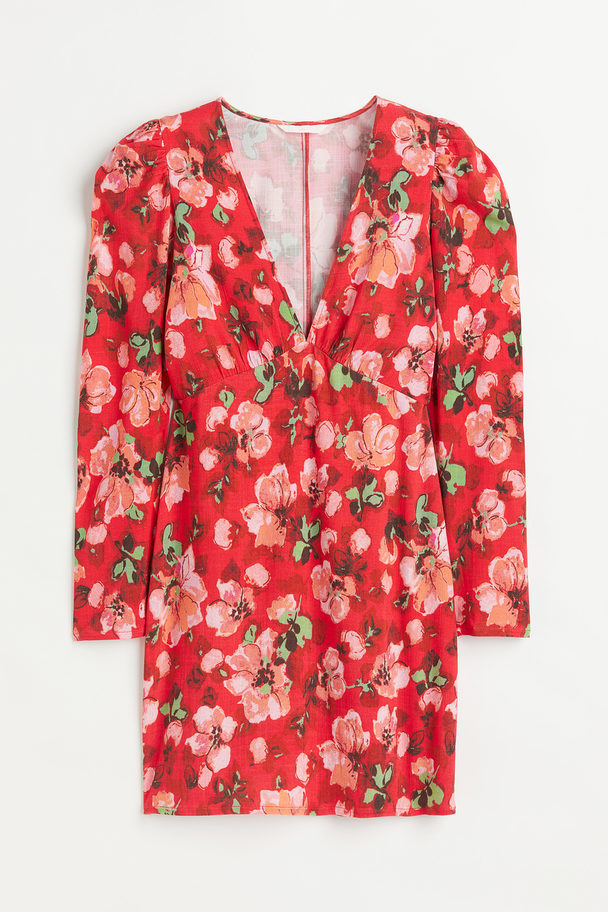 H&M Patterned Puff-sleeved Dress Red/floral