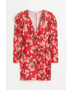 Patterned Puff-sleeved Dress Red/floral