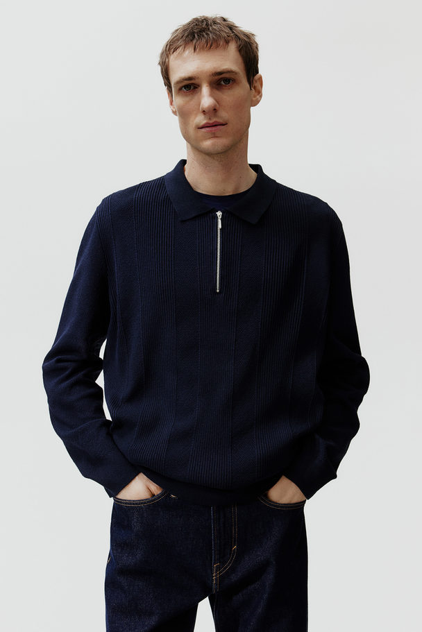 H&M Poloshirt Met Rits - Slim Fit Marineblauw