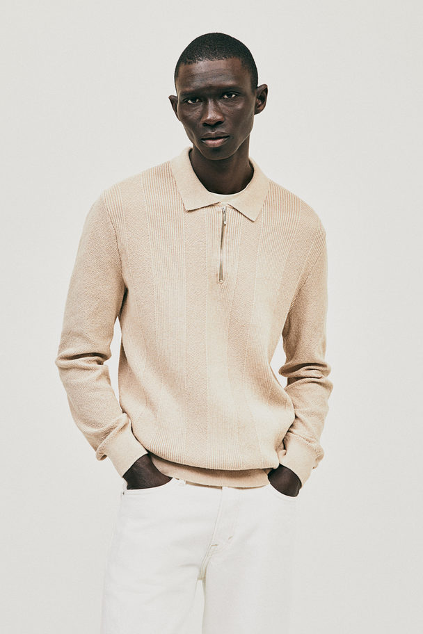 H&M Poloshirt Met Rits - Slim Fit Beige