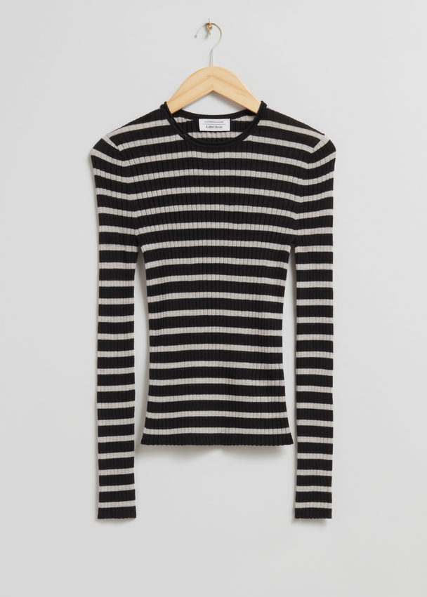 & Other Stories Merino Wool Ribbed Top Black Striped
