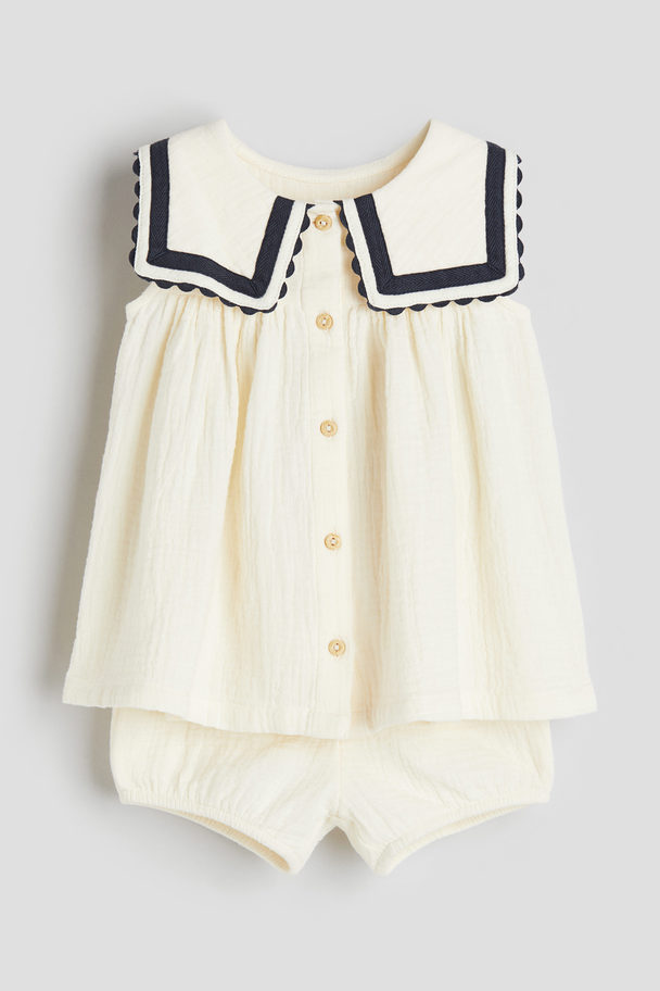 H&M 2-piece Muslin Dress And Bloomers Set Cream/navy Blue