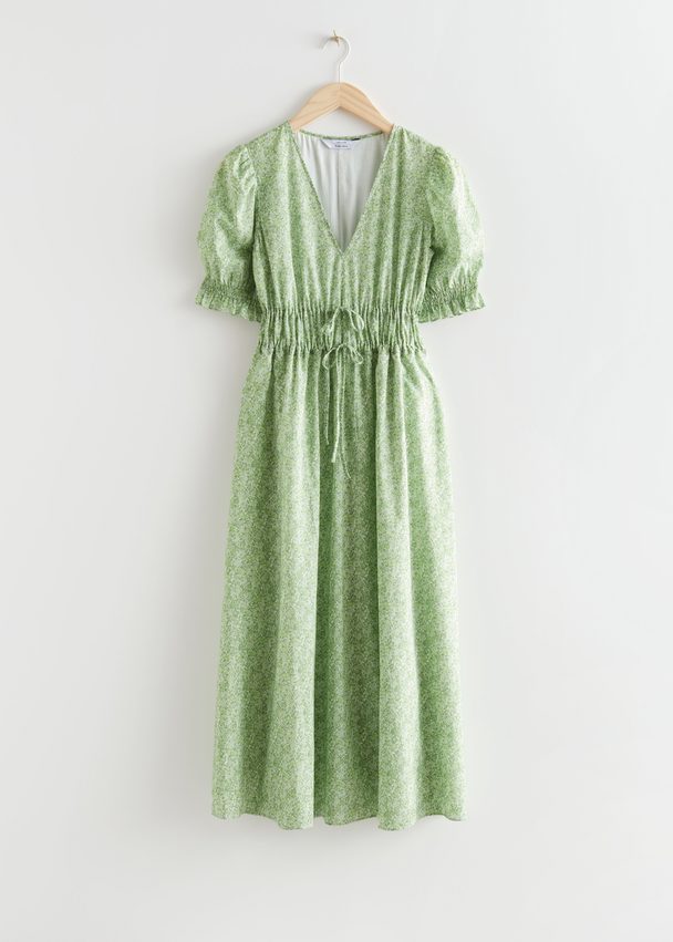 & Other Stories Drawstring Waist Midi Dress Green Print