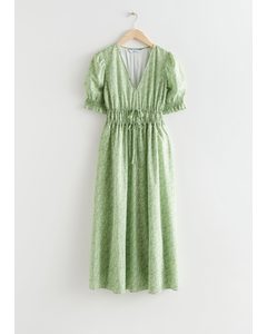 Drawstring Waist Midi Dress Green Print
