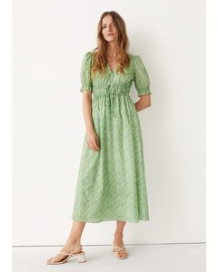 Drawstring Waist Midi Dress Green Print
