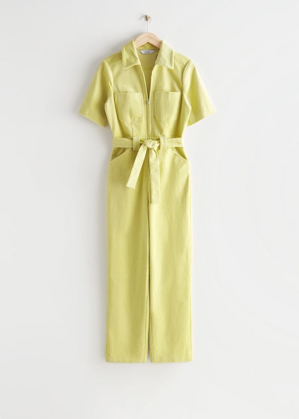 & Other Stories Belted Short Sleeve Jumpsuit Yellow