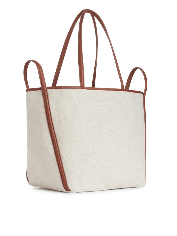 ARKET Leather-detailed Canvas Tote Off-white/cognac