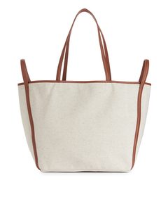 Leather-detailed Canvas Tote Off-white/cognac