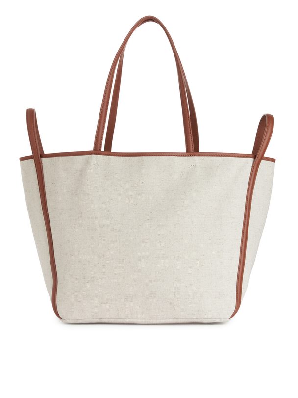 ARKET Leather-detailed Canvas Tote Off-white/cognac