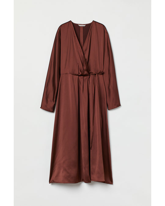 H&M Long Satin Wrap Dress Dark Red-brown