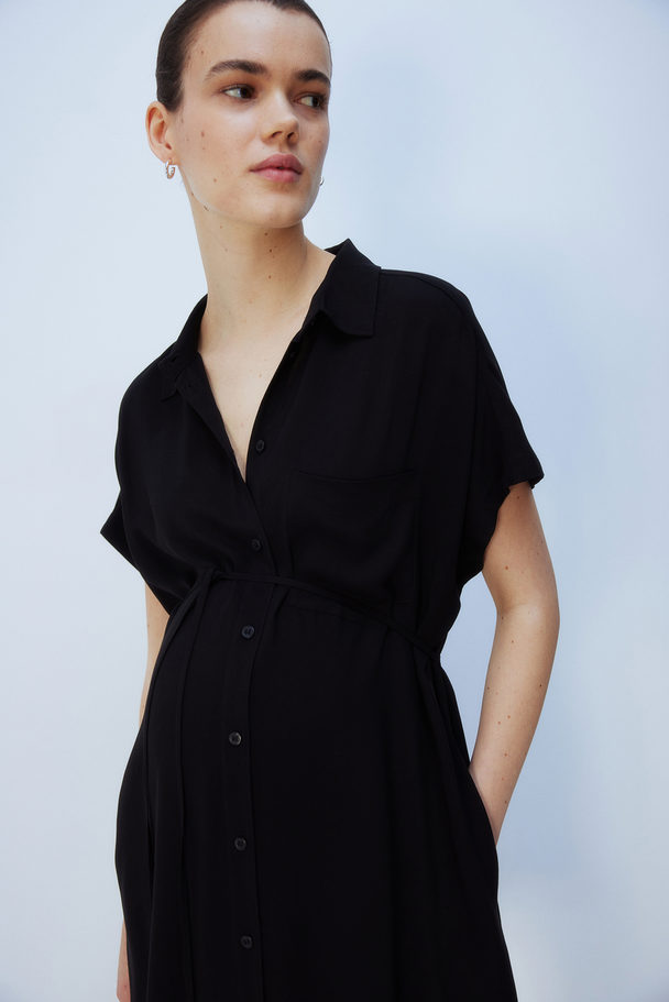 H&M Mama Tie-belt Shirt Dress Black