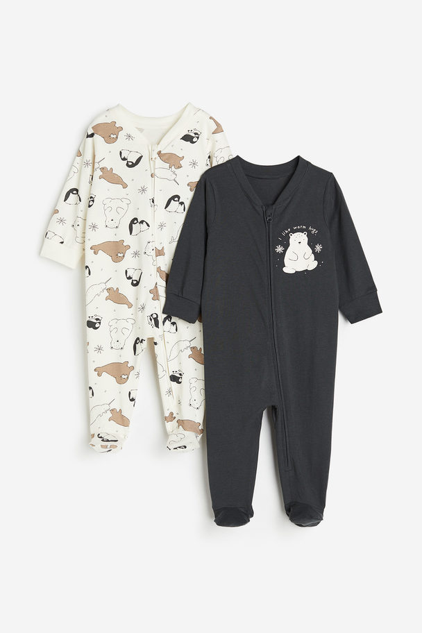 H&M 2er-Pack Schlafanzüge mit Reißverschluss Dunkelgrau/Tiere