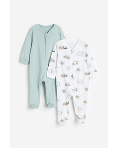 2-pack Zip-up Sleepsuits White/sleeping Animals