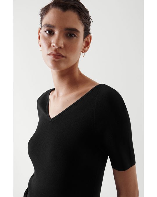 COS Knitted V-neck Top Black