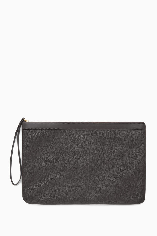 COS Zipped Folio Pouch - Grained Leather Dark Brown