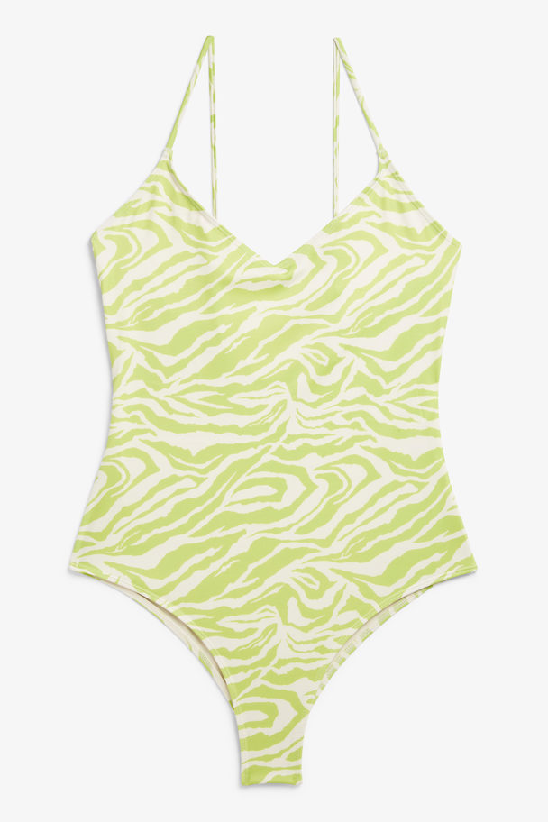Monki Lime Zebra Printed Swimsuit With Slim Straps Lime Green Zebra