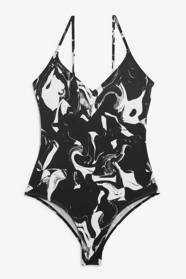 Monki Marble Print Swimsuit With Slim Straps Black & White Marble