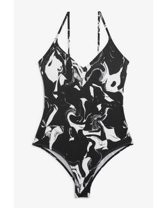 Marble Print Swimsuit With Slim Straps Black & White Marble