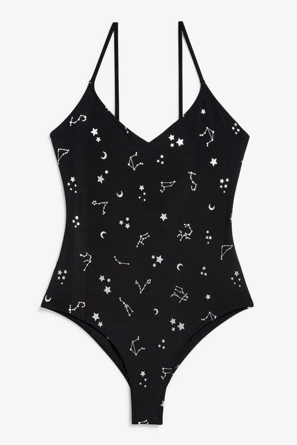 Monki Schwarzer Badeanzug mit galaktischem Print und schmalen Trägern Schwarz mit galaktischem Print