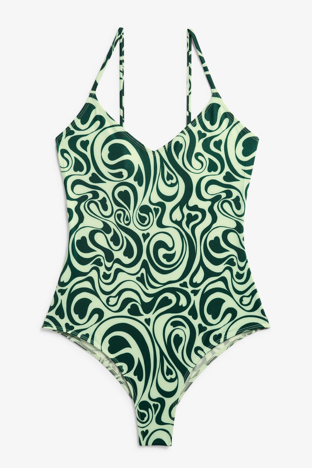 Monki Heart Print Swimsuit With Slim Straps Green Swirly Hearts